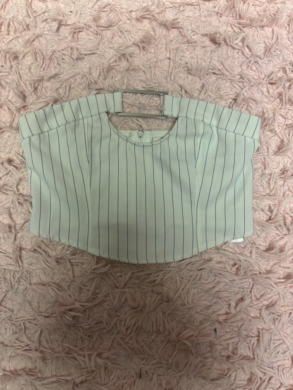 PrettyLittleThing White Pinstripe Tube Top With Front Buckle